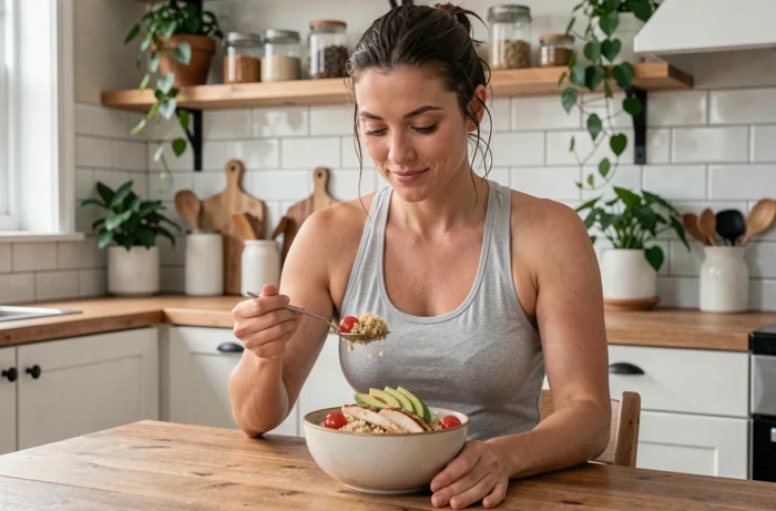 Femme sportive mangeant un repas équilibré après l'entraînement avec du poulet, quinoa et avocat