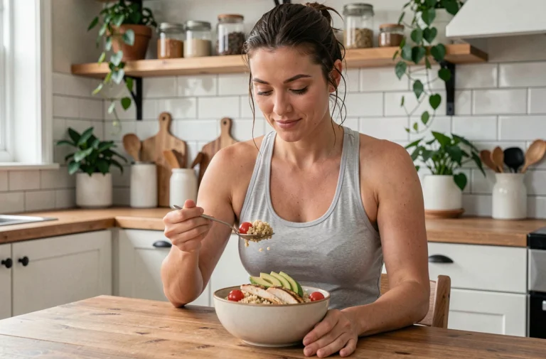 Femme sportive mangeant un repas équilibré après l'entraînement avec du poulet, quinoa et avocat