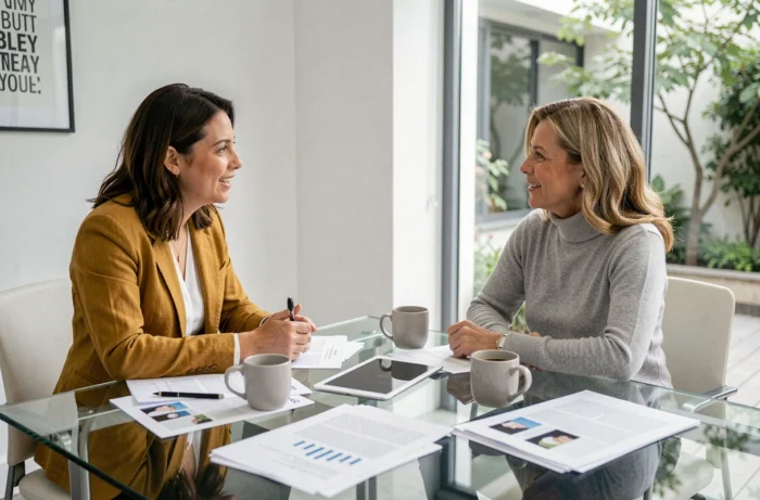 Deux femmes entrepreneures en réunion de travail collaboratif autour d'une table de réunion moderne avec documents et tablette