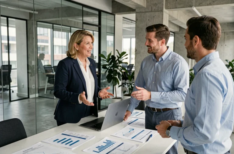 Équipe professionnelle en réunion B2B autour d'une table de conférence avec rapports et ordinateur portable dans un bureau moderne