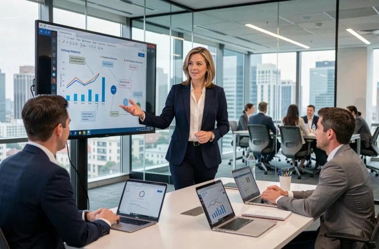 Professionnelle en réunion B2B présentant une stratégie commerciale sur écran digital dans une salle de conférence moderne