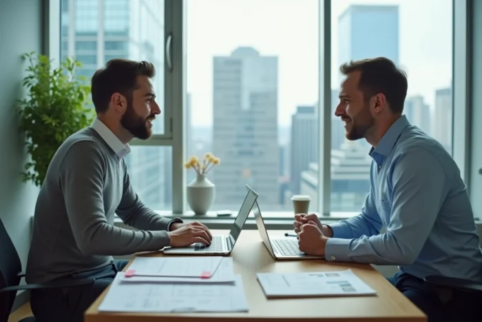 Deux professionnels discutant de stratégie digitale B2B autour d'un bureau avec laptop et rapports imprimés