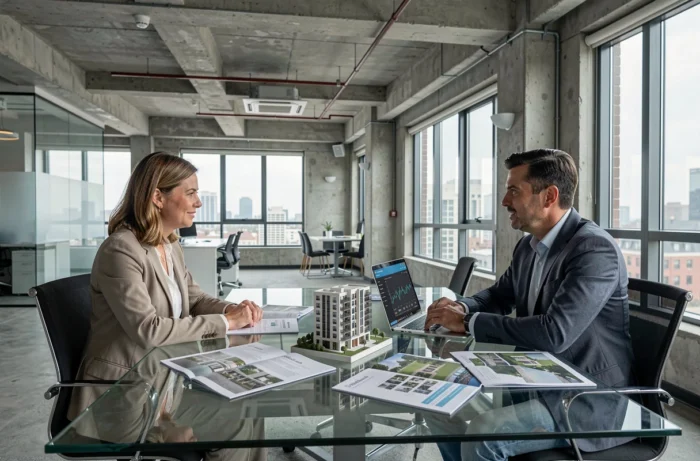 Deux professionnels discutant d'une stratégie d'investissement immobilier autour d'une maquette et de données analytiques