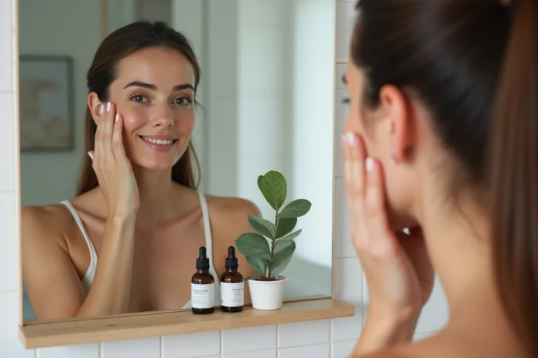 Femme appliquant un sérum visage dans une salle de bain minimaliste pour révéler sa beauté naturelle