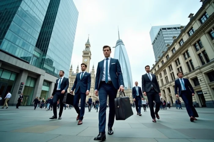 Quartier financier de la City de Londres avec ses gratte-ciels modernes et des professionnels en costume marchant sur la place, symbole des services financiers britanniques
