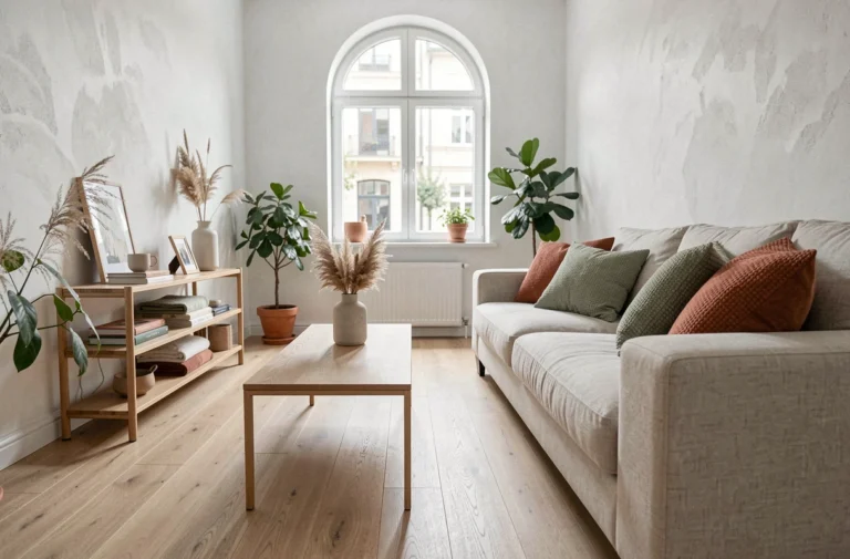 Salon moderne de style scandinave avec canapé en lin, parquet chêne clair et plantes vertes pour une décoration intérieure tendance