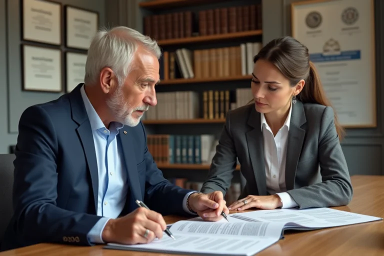 Propriétaire et locataire signant un bail commercial 3 6 9 dans un bureau de notaire
