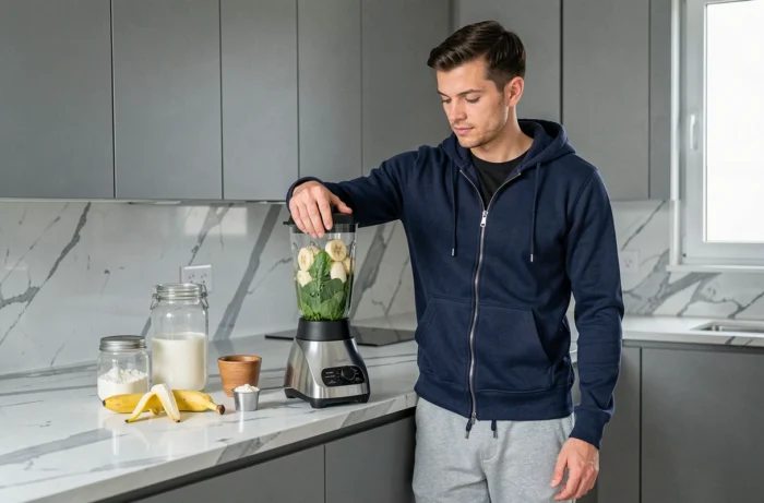 Homme préparant un smoothie protéiné après l'entraînement dans une cuisine moderne