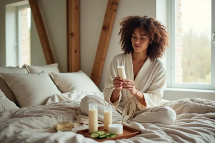 Femme aux cheveux naturels bouclés explorant des produits de soin beauté dans une chambre lumineuse et apaisante