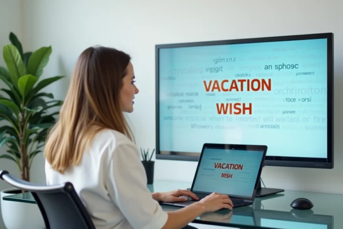 Jeune femme en bureau présentant un vœu de bonnes vacances reformulé en jargon corporate sur un diaporama