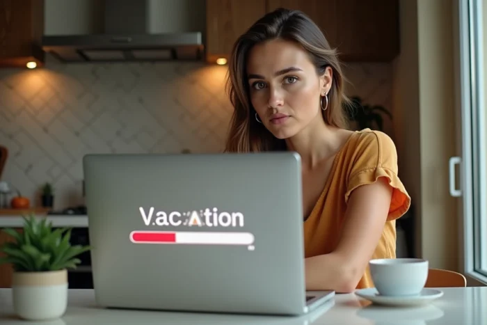 Femme regardant un écran d'ordinateur affichant une barre de chargement humoristique symbolisant le début des vacances