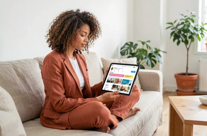 Jeune femme consultant une stratégie de contenu et tendances réseaux sociaux sur tablette dans un salon minimaliste scandinave
