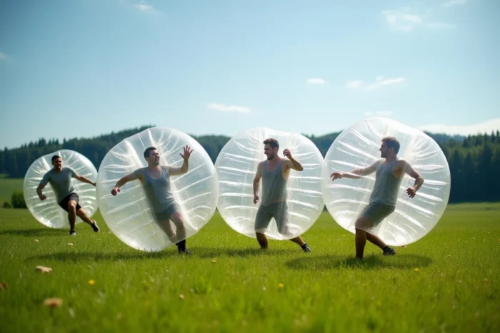 Groupe de joueurs en combinaisons gonflables jouant au Bubble Football en extérieur en Suisse