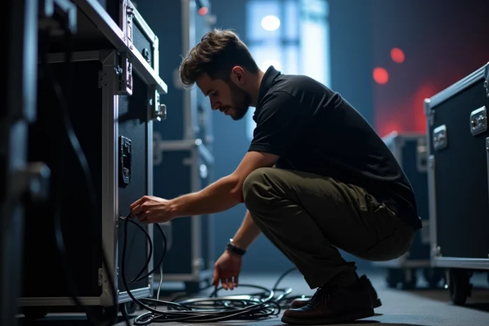 Technicien audiovisuel préparant l'installation scénique en coulisses lors d'un événement professionnel