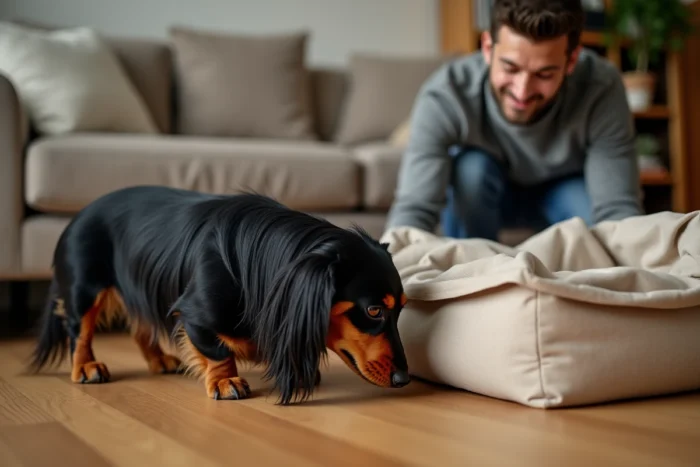 Langhaardackel entdeckt sein neues Zuhause, Mann beobachtet den Hund, der das Wohnzimmer bei seiner Installation nach der Adoption erkundet