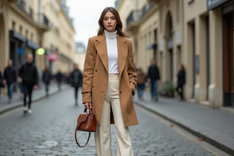 Femme tendance en blazer camel oversize et pantalon large dans une rue pavée parisienne, style mode automne-hiver