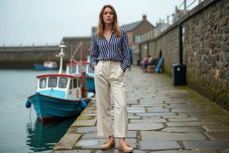 Femme portant une marinière bretonne rayée et un pantalon en lin large sur un quai en granit d'un port breton authentique