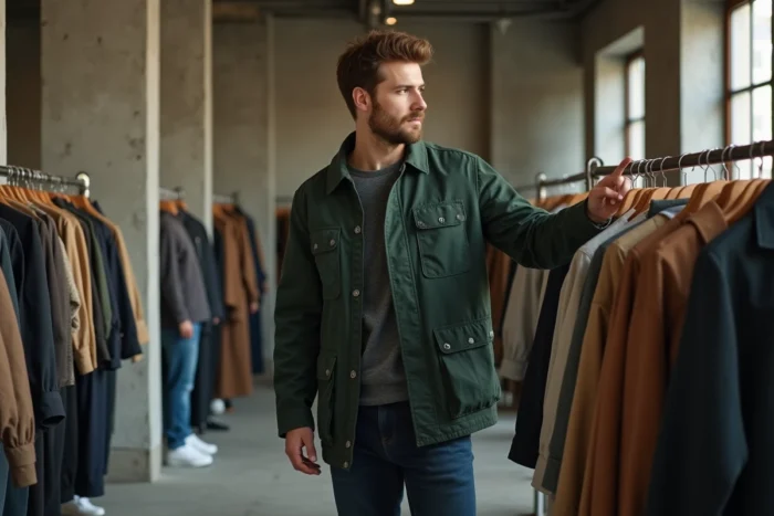 Homme en veste utilitaire verte dans un concept store moderne, tendances mode masculine contemporaine