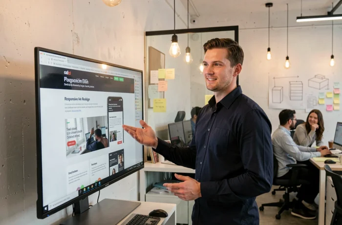 Designer web masculin présentant des tendances de design responsive et mobile-first dans une agence créative collaborative
