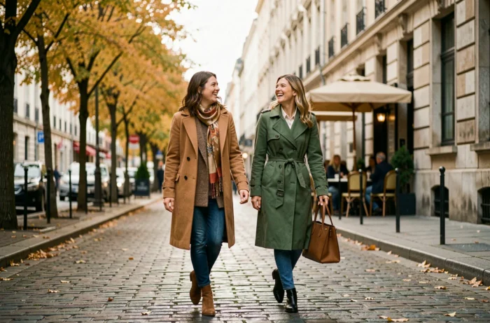 Deux femmes élégantes en manteaux d'automne marchant dans une rue européenne pavée aux couleurs de la saison