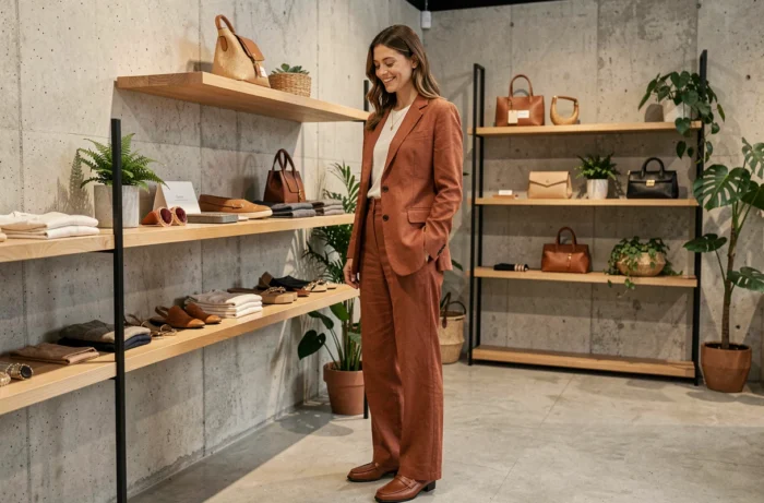 Femme élégante en blazer terracotta explorant les tendances mode de la saison dans une boutique contemporaine