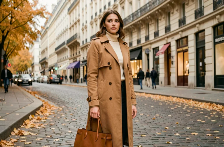Femme élégante en trench camel portant un sac en cuir structuré dans une rue parisienne en automne, tendances mode de la saison