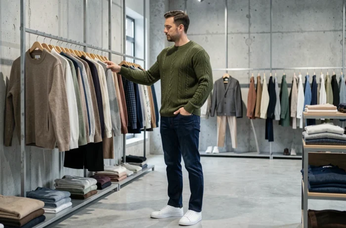 Homme tendance en pull en maille olive et jean indigo dans une boutique de mode minimaliste, style urbain automne-hiver