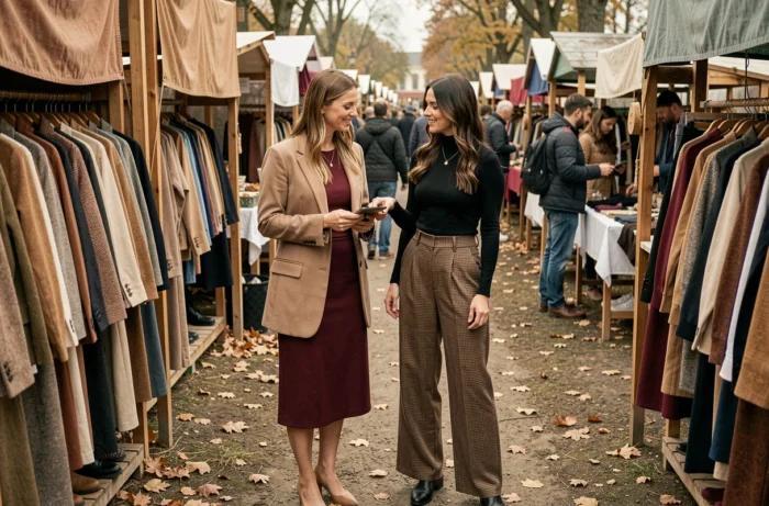 Deux femmes découvrant des vêtements tendance sur un marché de mode en plein air, styles automne avec blazer beige et pantalon à carreaux