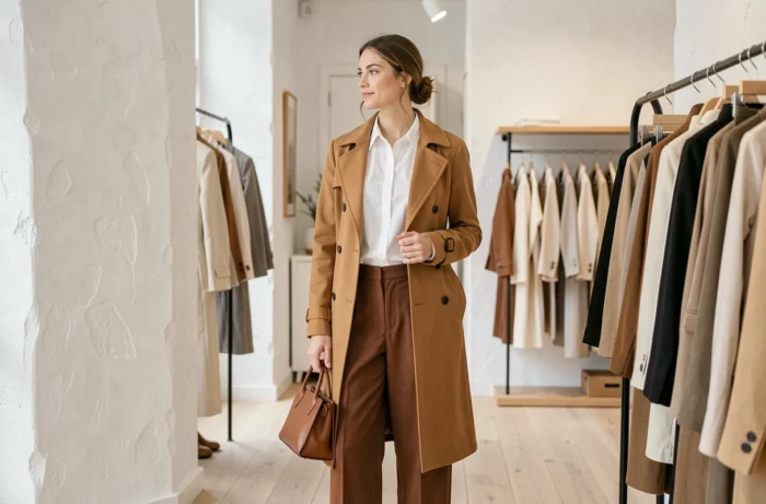 Femme élégante en manteau camel dans une boutique parisienne minimaliste, illustrant les tendances vestimentaires actuelles