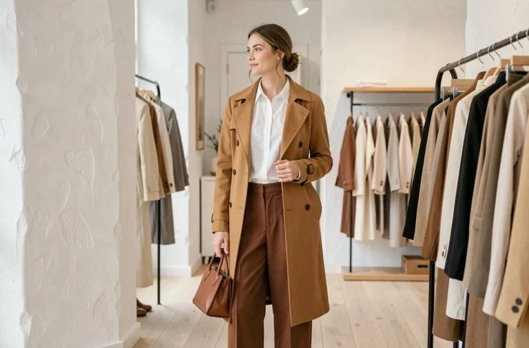 Femme élégante en manteau camel dans une boutique parisienne minimaliste, illustrant les tendances vestimentaires actuelles