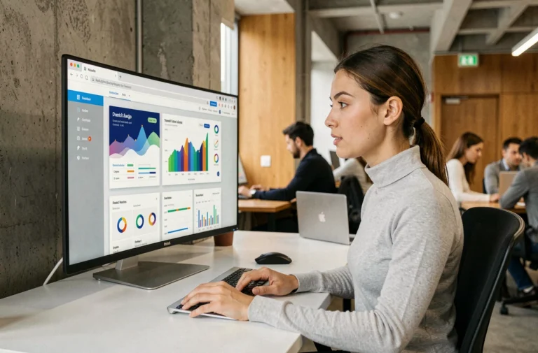 Jeune femme professionnelle explorant les dernières tendances web sur un écran ultrawide dans un espace de coworking moderne