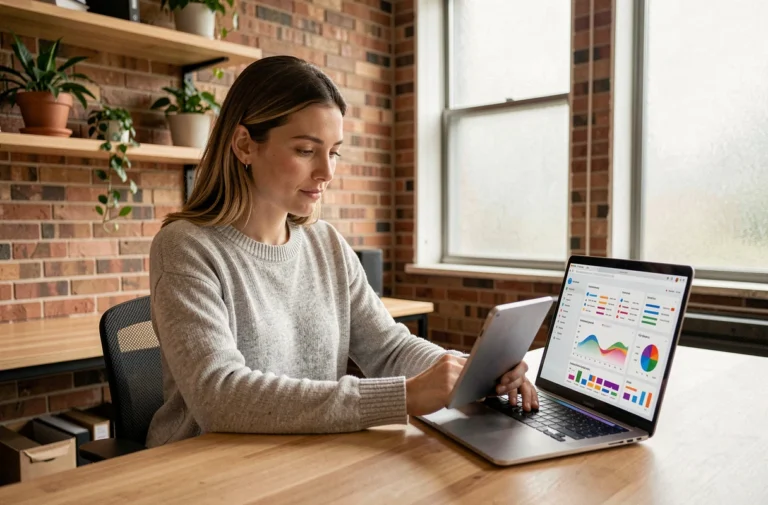 Femme travaillant sur les tendances web et design UX dans un bureau moderne avec laptop et tableaux de bord analytiques