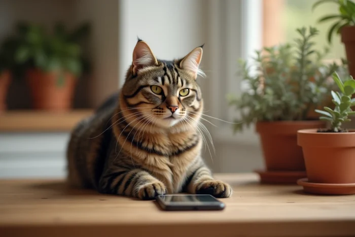Chat roux assis à côté d'un téléphone sur une table de cuisine comme s'il venait d'envoyer un SMS à ses maîtres partis en vacances