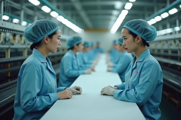 Ouvrières textiles chinoises surveillant des métiers à tisser industriels dans une usine moderne de production de tissus