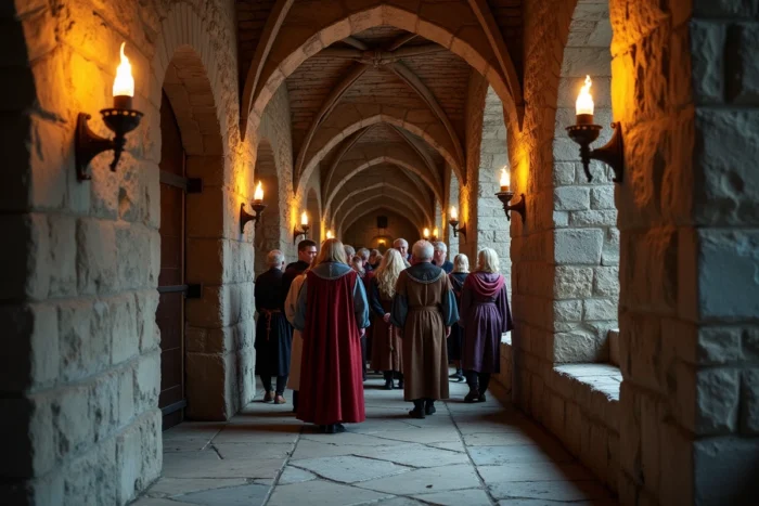 Groupe en costume visitant les couloirs du Château d'Aigle lors d'une visite scénarisée médiévale