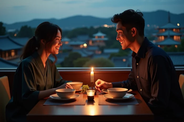 Couple en voyage de noces dînant dans un restaurant sur les toits de Kyoto avec vue sur des pagodes japonaises