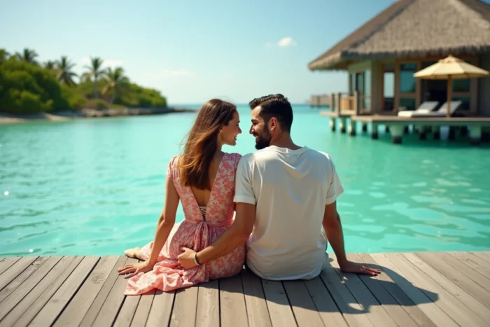 Couple de mariés assis sur la terrasse d'un bungalow sur pilotis aux Maldives avec lagon turquoise