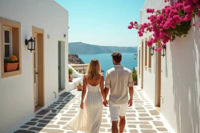 Couple de jeunes mariés se promenant dans une ruelle pavée de Santorin avec vue sur la mer Égée