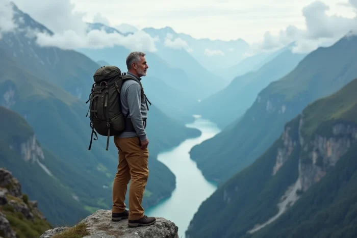 Voyageur avec sac à dos contemplant un panorama de montagne lors d'un tour du monde