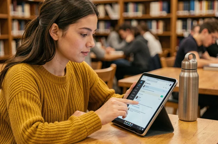 Étudiante consultant le webmail de l'académie de Lyon sur une tablette dans une bibliothèque universitaire